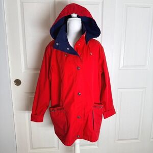 Mackintosh New England Raincoat Women Size M Red Hooded Snap Front Jacket